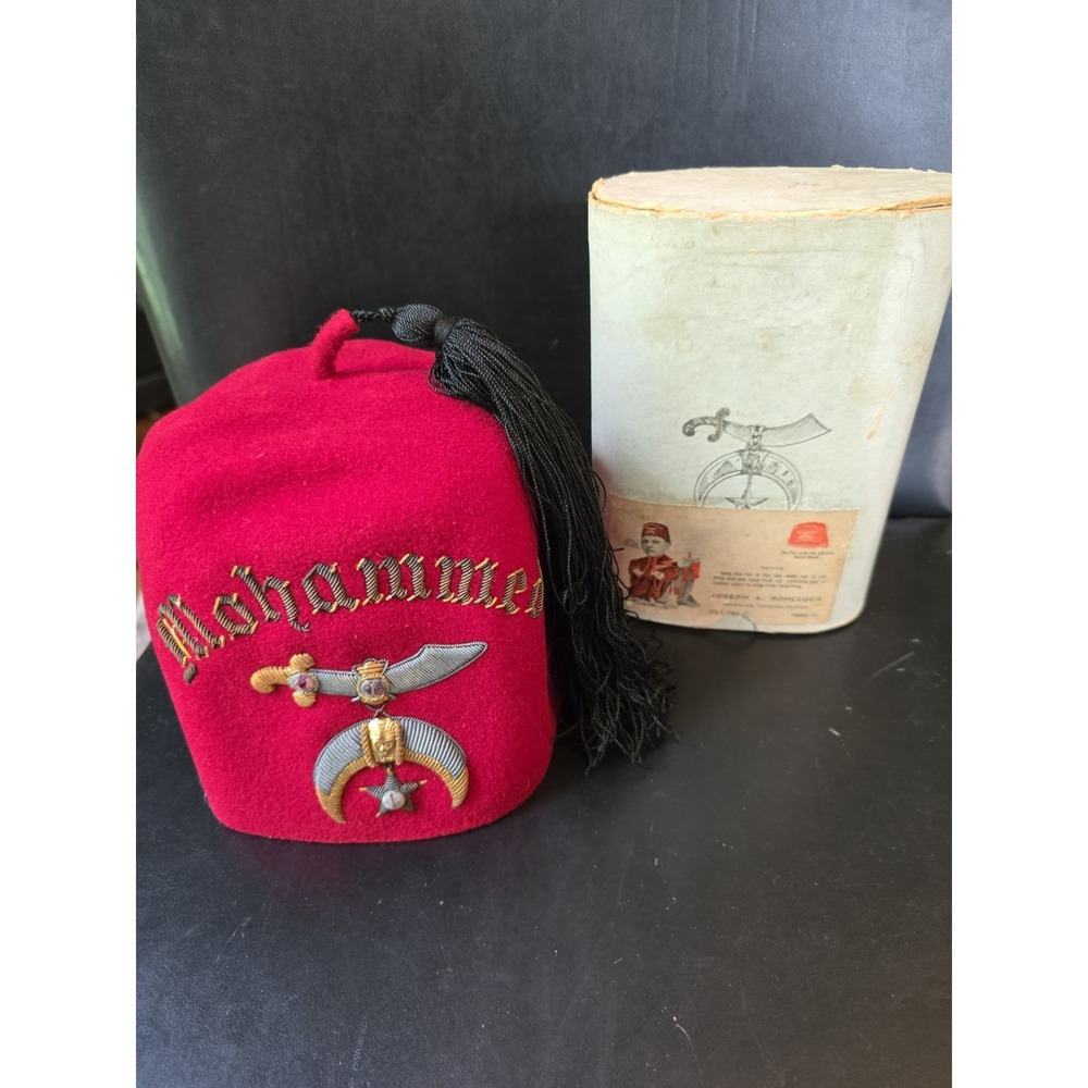 Vintage Masonic Shriner's Mohammed Turkish Fez Hat Tasseled With Original Box